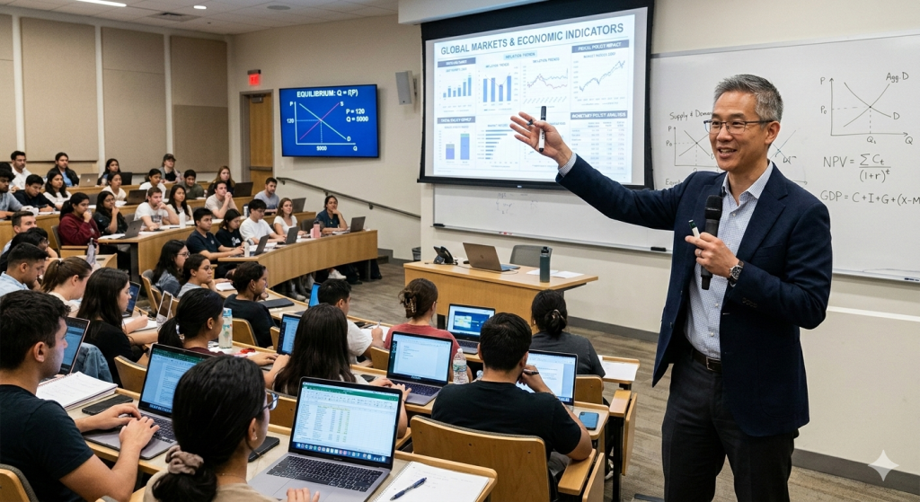 Finance and economics educator explaining financial concepts to students.