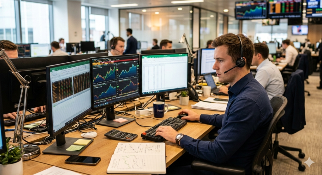 Financial desk setup with laptop, stock market charts and economics books representing finance and investment learning
